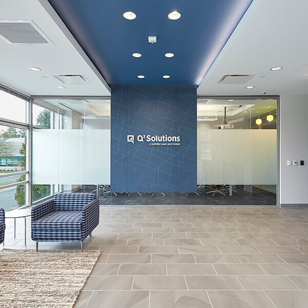 The lobby of a modern workplace facility.
