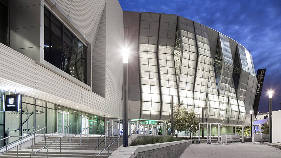 Exterior of Sacramento Kings Golden 1 Center and Practice facility at night