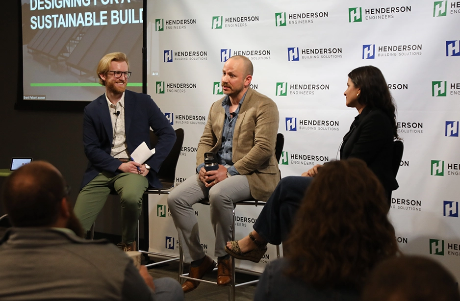 Jon Jensen with a panel for designing for sustainable buildings